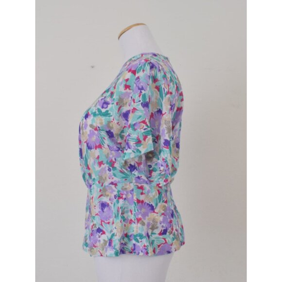 Vintage 80s Semi-Sheer Floral Polyester Peplum‎ blouse | size 8 - Picture 2 of 10
